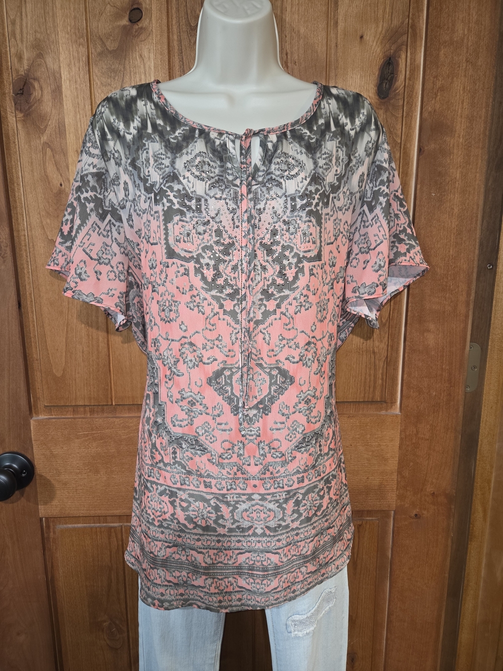 CJ Banks Peach and Olive Printed Short-Sleeve Blouse